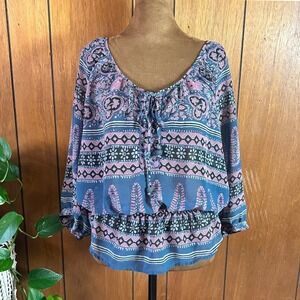 Vintage American Eagle Outfitters L Blue Pink‎ Paisley Boho Peasant Blouse Top